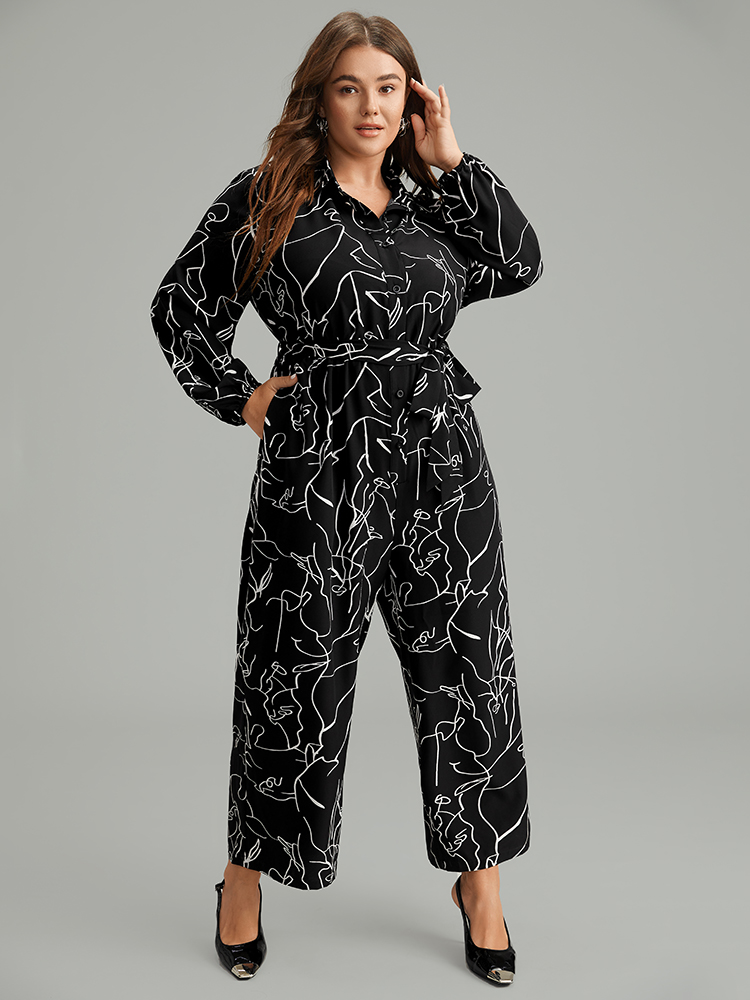 

Plus Size BlackFlower Halloween Art & Design Belted Pocket Jumpsuit Women Office Long Sleeve Shirt collar Festival-Halloween Loose Jumpsuits BloomChic