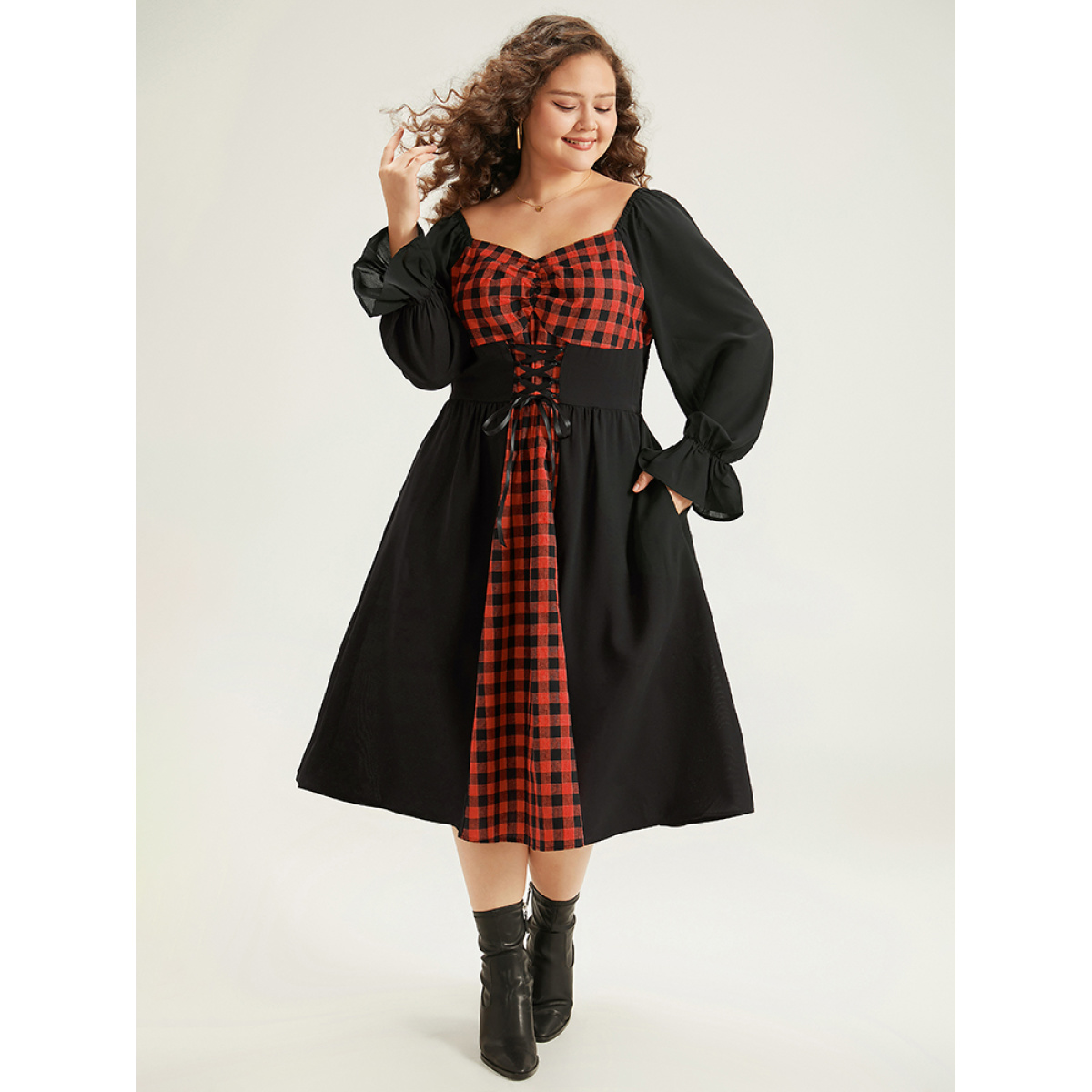 

Plus Size Halloween Gingham Patchwork Ruched Ties Dress Scarlet Women Cross straps Square Neck Long Sleeve Curvy Midi Dress BloomChic
