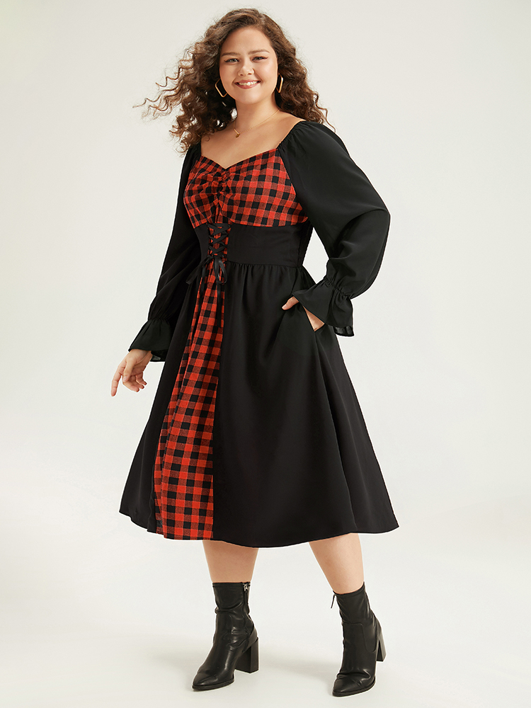 

Plus Size Halloween Gingham Patchwork Ruched Ties Dress Scarlet Women Casual Cross straps Square Neck Long Sleeve Curvy Midi Dress BloomChic