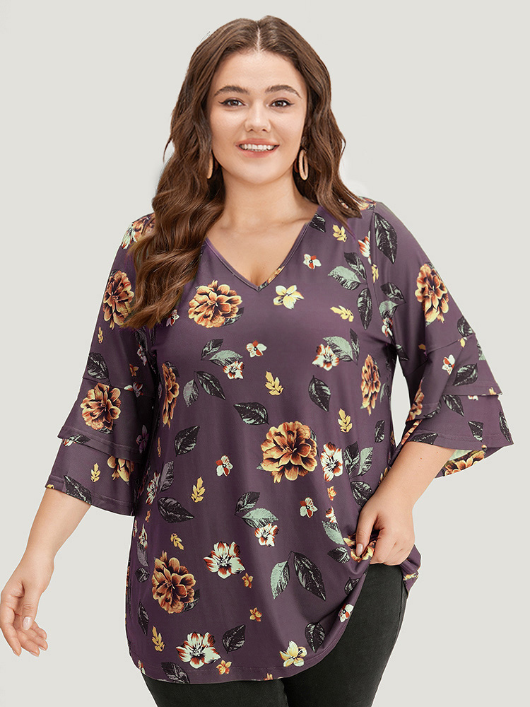 

Floral Print V Neck Ruffle Layered Sleeve T-shirt, Mauve