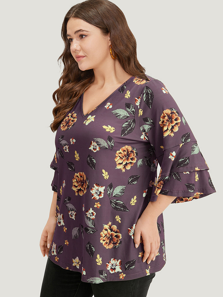 

Plus Size Floral Print V Neck Ruffle Layered Sleeve T-shirt Mauve V-neck Elbow-length sleeve Elegant Jersey Tops