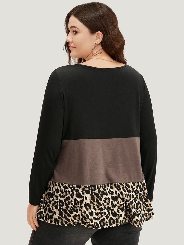 Plus Size Colorblock Leopard Contrast Round Neck T-shirt LightBrown Women Casual Contrast Leopard Round Neck Everyday T-shirts BloomChic 22-24/3X 