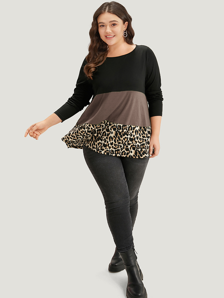 Plus Size Colorblock Leopard Contrast Round Neck T-shirt LightBrown Women Casual Contrast Leopard Round Neck Everyday T-shirts BloomChic 22-24/3X 