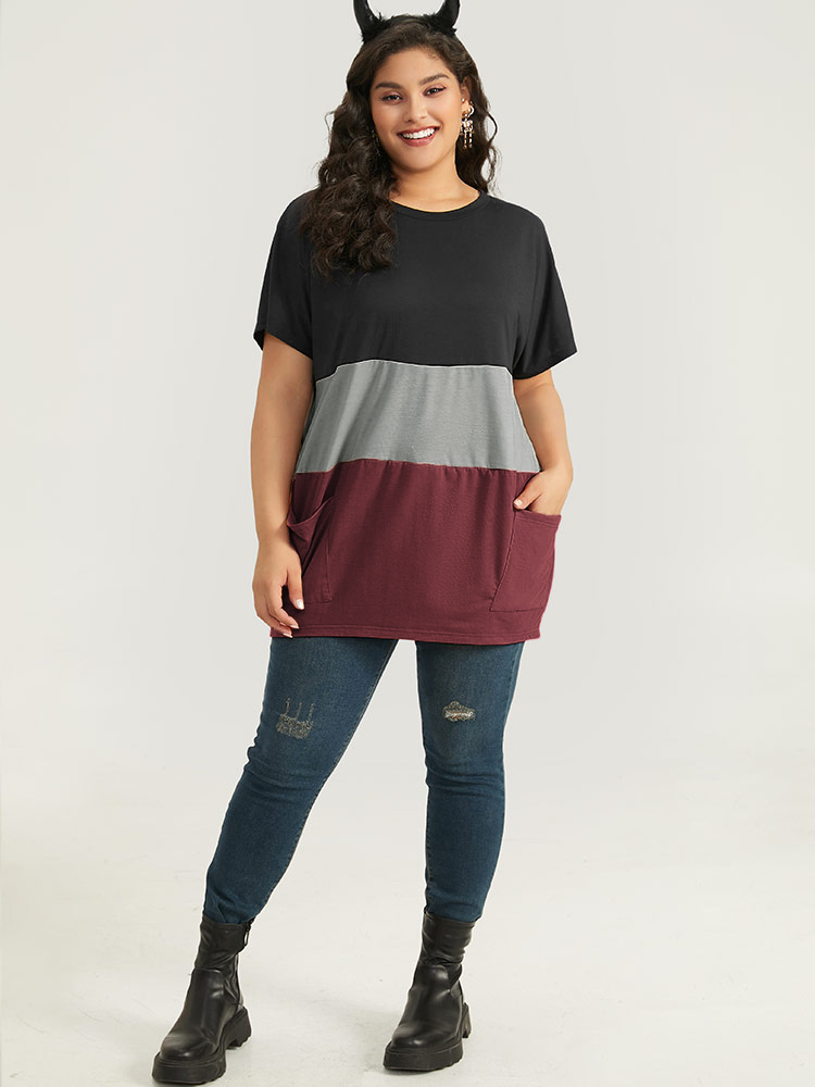 Plus Size Halloween Colorblock Contrast Pocket Crew Neck T-shirt Burgundy Women Casual Contrast Plain Round Neck Festival-Halloween T-shirts BloomChic 28/5X 