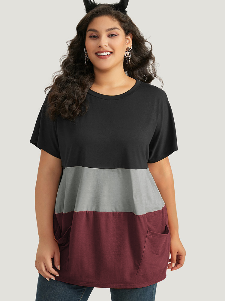 Plus Size Halloween Colorblock Contrast Pocket Crew Neck T-shirt Burgundy Women Casual Contrast Plain Round Neck Festival-Halloween T-shirts BloomChic 28/5X 