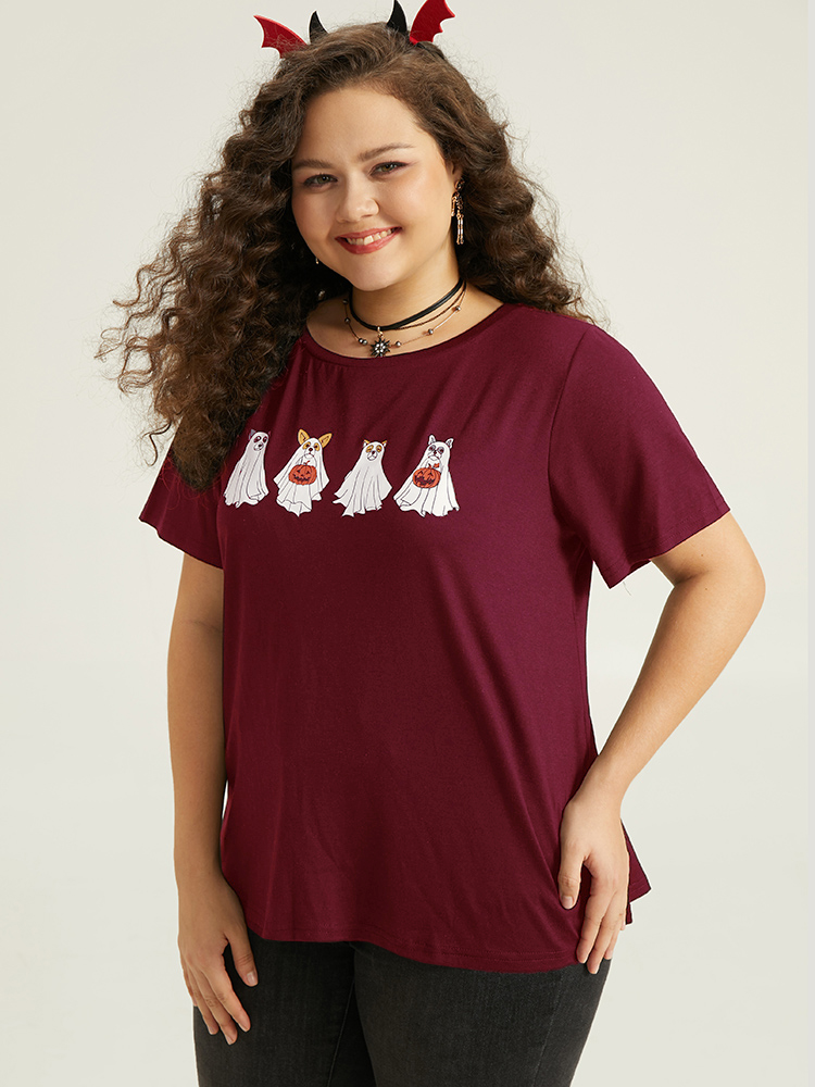 

Plus Size Supersoft Essentials Halloween Print Crew Neck T-shirt Burgundy Women Casual Printed Halloween Festival-Halloween T-shirts BloomChic