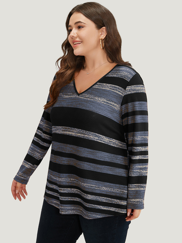 Plus Size Striped Contrast V Neck T-shirt Gray Women Casual Printed Striped V-neck Dailywear T-shirts BloomChic 22-24/3X 