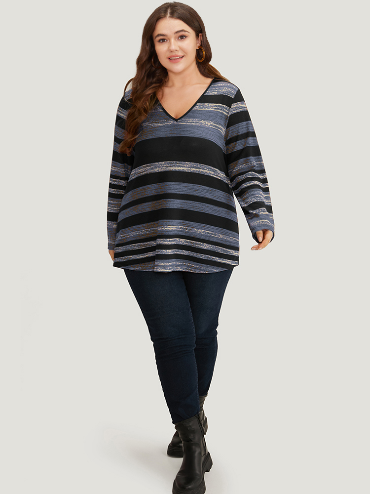 Plus Size Striped Contrast V Neck T-shirt Gray Women Casual Printed Striped V-neck Dailywear T-shirts BloomChic 22-24/3X 