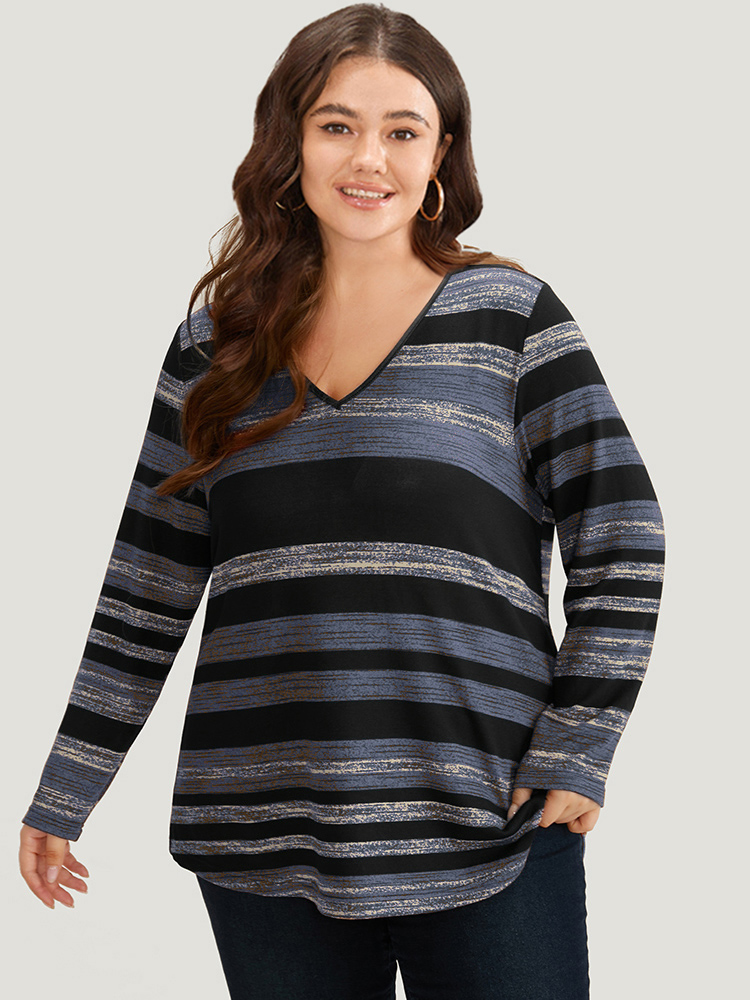 Plus Size Striped Contrast V Neck T-shirt Gray Women Casual Printed Striped V-neck Dailywear T-shirts BloomChic 22-24/3X 