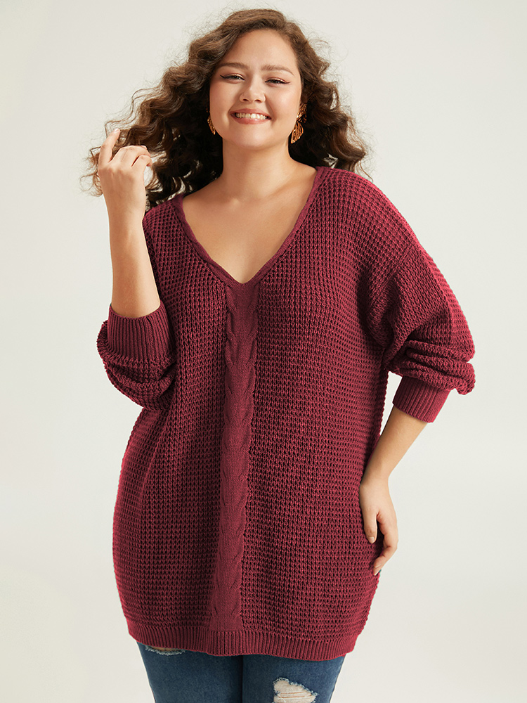 

Plus Size Cable Knit Plain Elastic Cuffs Pullover Burgundy Women Casual Loose Long Sleeve V-neck Dailywear Pullovers BloomChic