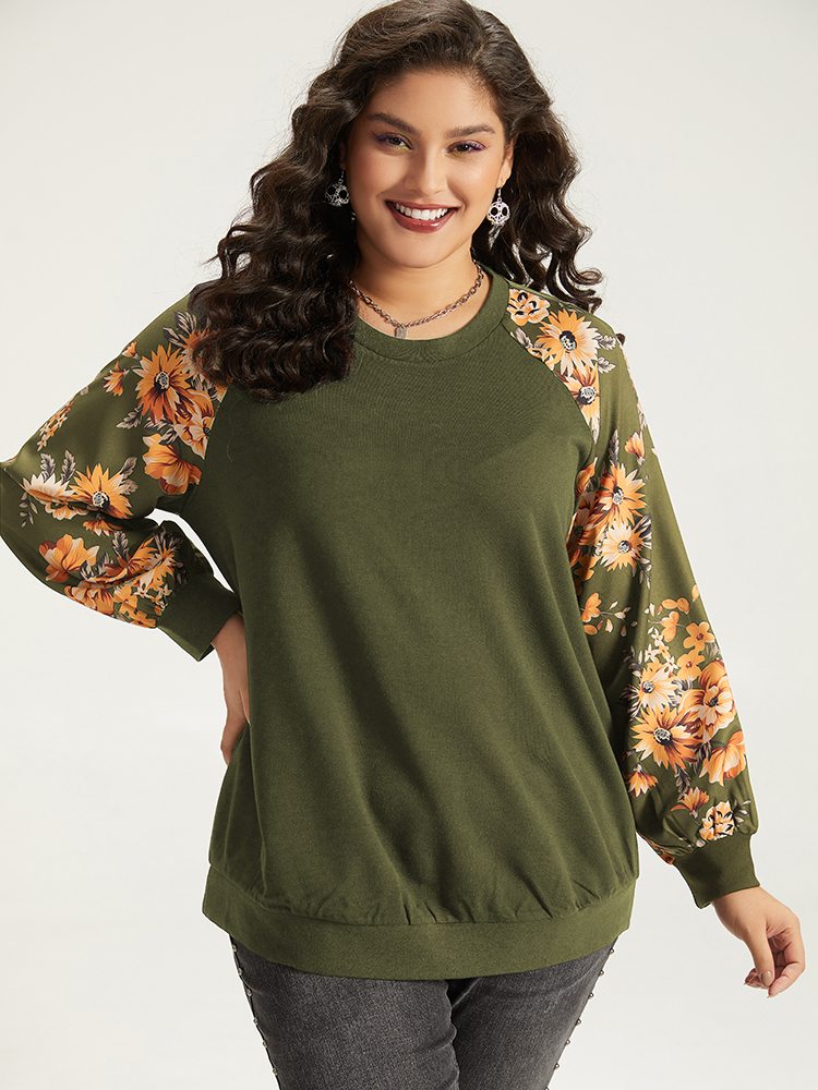 

Plus Size Halloween Floral Patchwork Print Raglan Sleeve Sweatshirt Women ArmyGreen Casual Elastic cuffs Round Neck Festival-Halloween Sweatshirts BloomChic