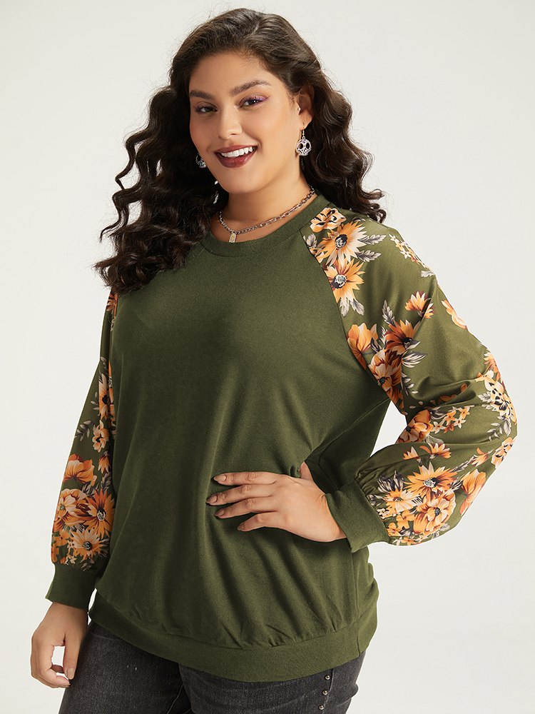 Plus Size Halloween Floral Patchwork Print Raglan Sleeve Sweatshirt Women ArmyGreen Casual Elastic cuffs Round Neck Festival-Halloween Sweatshirts BloomChic 26/4X 