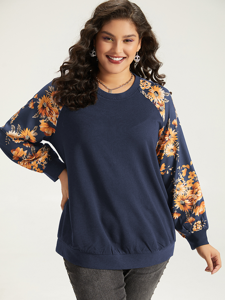 

Plus Size Halloween Floral Patchwork Print Raglan Sleeve Sweatshirt Women Blue Casual Elastic cuffs Round Neck Festival-Halloween Sweatshirts BloomChic