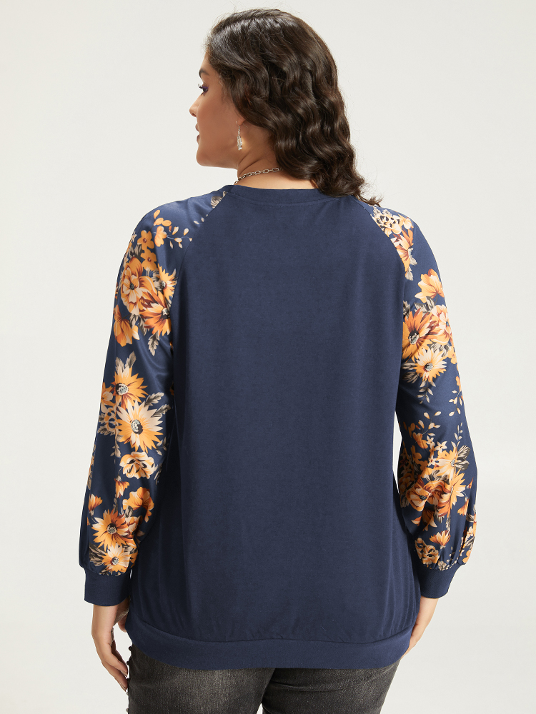 Plus Size Halloween Floral Patchwork Print Raglan Sleeve Sweatshirt Women Blue Casual Elastic cuffs Round Neck Festival-Halloween Sweatshirts BloomChic 22-24/3X 