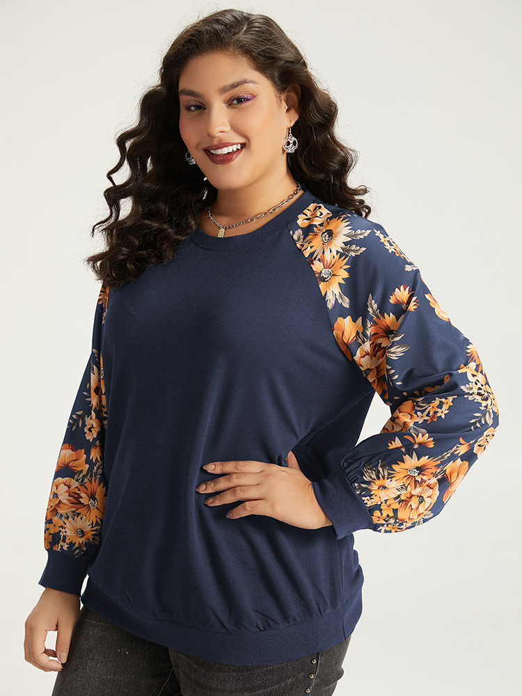 Plus Size Halloween Floral Patchwork Print Raglan Sleeve Sweatshirt Women Blue Casual Elastic cuffs Round Neck Festival-Halloween Sweatshirts BloomChic 22-24/3X 