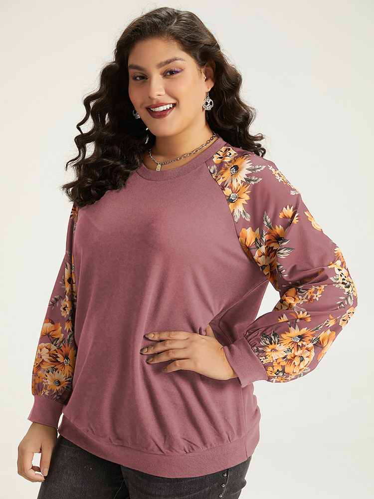 Plus Size Halloween Floral Patchwork Print Raglan Sleeve Sweatshirt Women DustyPink Casual Elastic cuffs Round Neck Festival-Halloween Sweatshirts BloomChic 14-16/1X 