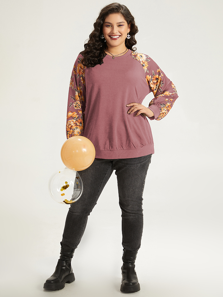 Plus Size Halloween Floral Patchwork Print Raglan Sleeve Sweatshirt Women DustyPink Casual Elastic cuffs Round Neck Festival-Halloween Sweatshirts BloomChic 14-16/1X 