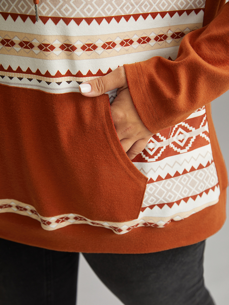 Plus Size Boho Print Hooded Drawstring Sweatshirt Women Rust Casual Non Hooded Everyday Sweatshirts BloomChic 14-16/1X 