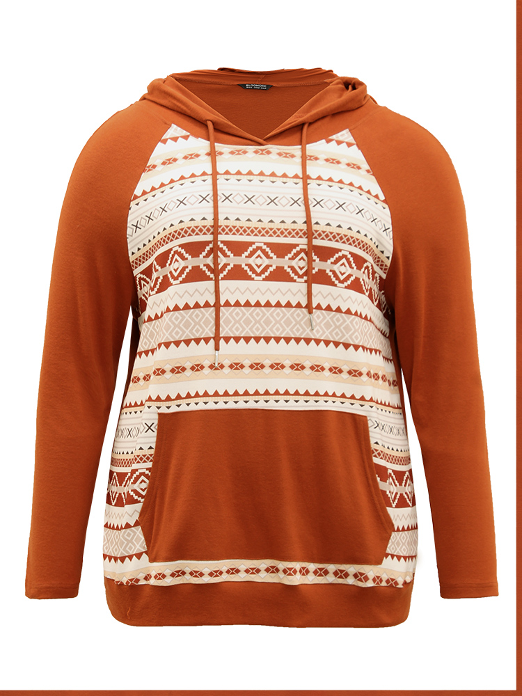 Plus Size Boho Print Hooded Drawstring Sweatshirt Women Rust Casual Non Hooded Everyday Sweatshirts BloomChic 14-16/1X 