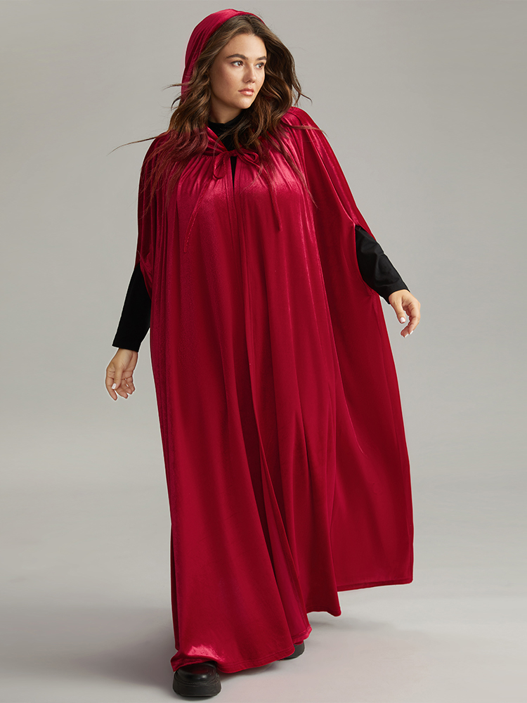 

Plus Size Solid Velvet Knot Neck Hooded Cloak Kimono Women Red Casual Plain Dailywear Kimonos BloomChic