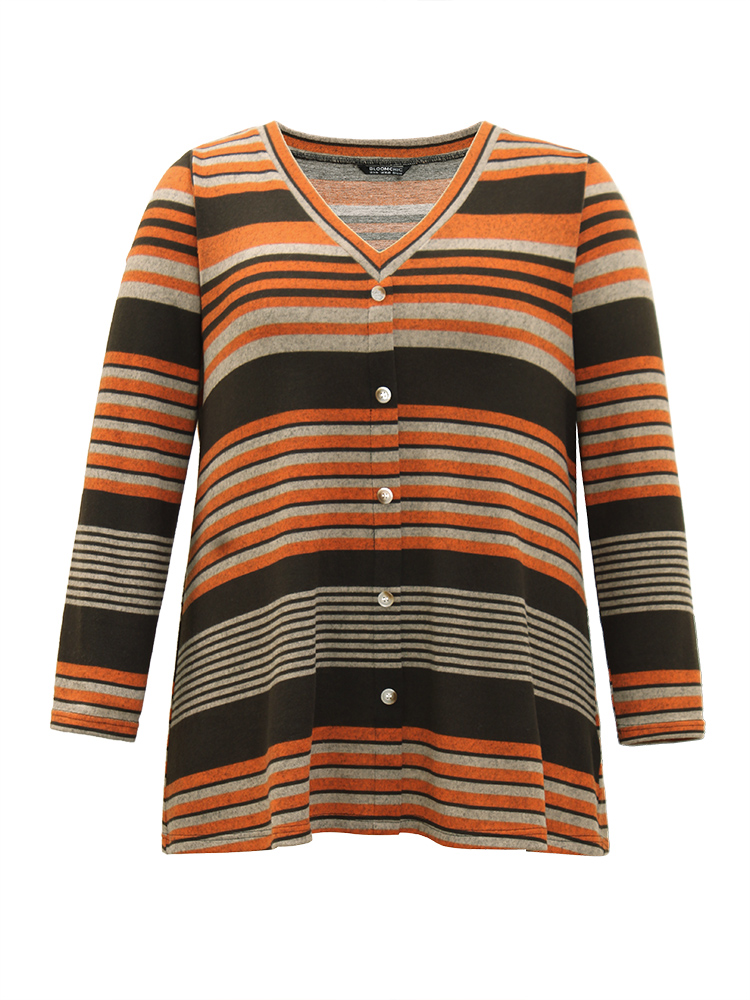 Plus Size Women Festival-Halloween Striped Contrast Regular Sleeve Long Sleeve V-neck Casual T-shirts BloomChic 