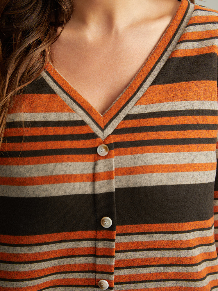 Plus Size Women Festival-Halloween Striped Contrast Regular Sleeve Long Sleeve V-neck Casual T-shirts BloomChic 