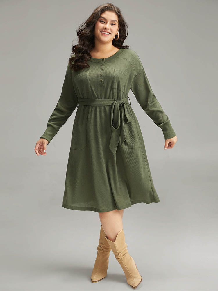 

Plus Size Plain Textured Belted Button Up Dress ArmyGreen Women Casual Texture Round Neck Long Sleeve Curvy Midi Dress BloomChic