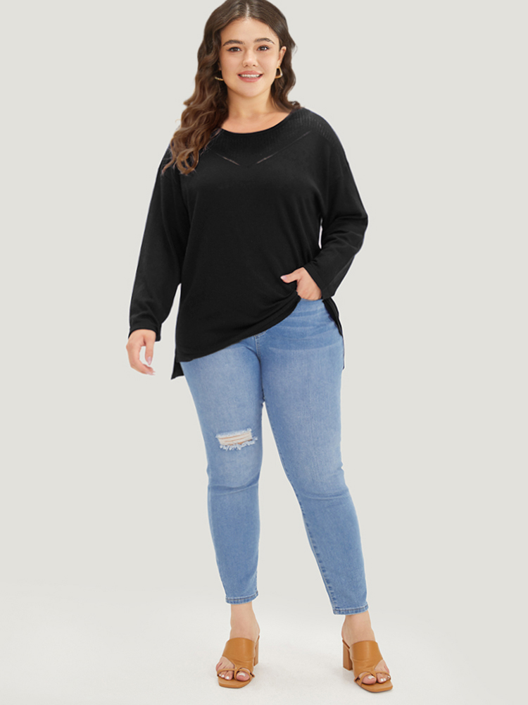 

Plus Size Supersoft Essentials Solid Split Side Patchwork Pullover Black Women Casual Long Sleeve Round Neck Dailywear Pullovers BloomChic