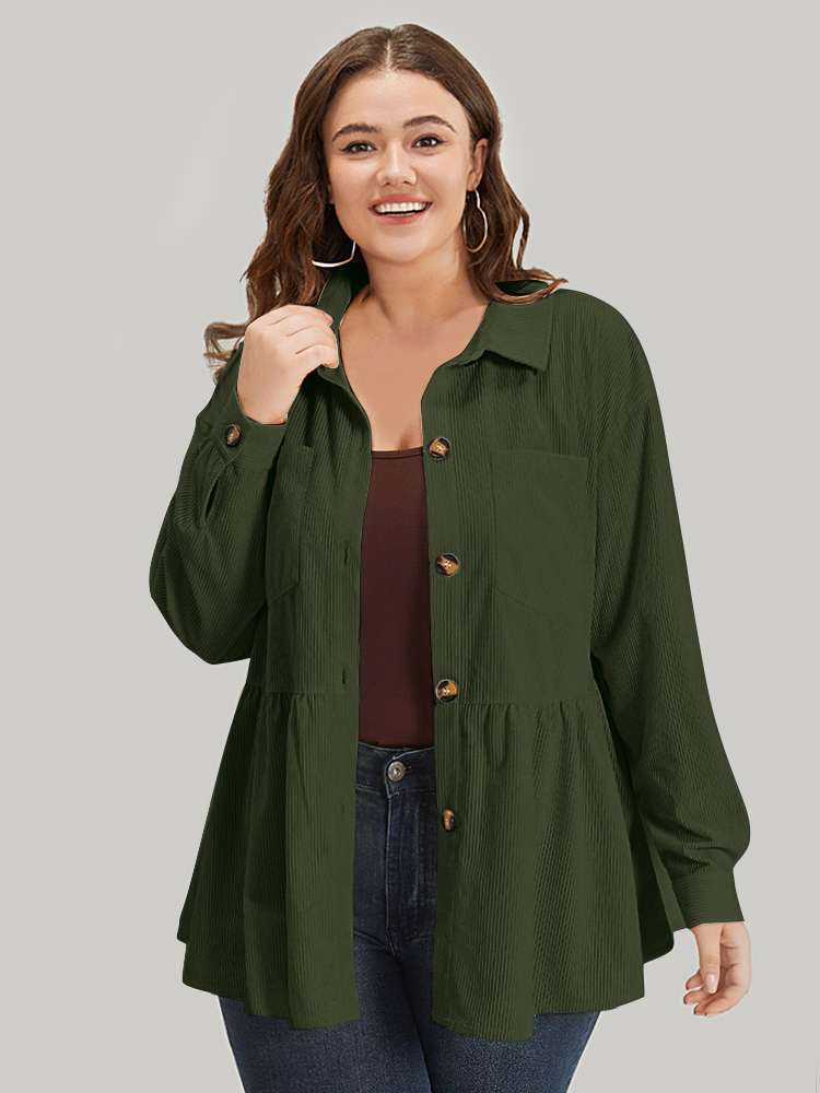 

Plus Size Plain Shirt Collar Button Through Ruffle Hem Pocket Coat Women ArmyGreen Button Pocket Dailywear Jackets BloomChic