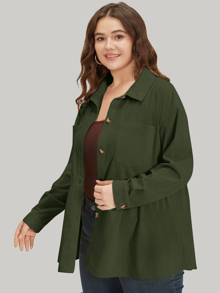 

Plus Size Plain Shirt Collar Button Through Ruffle Hem Pocket Coat Women ArmyGreen Button Pocket Dailywear Jackets BloomChic