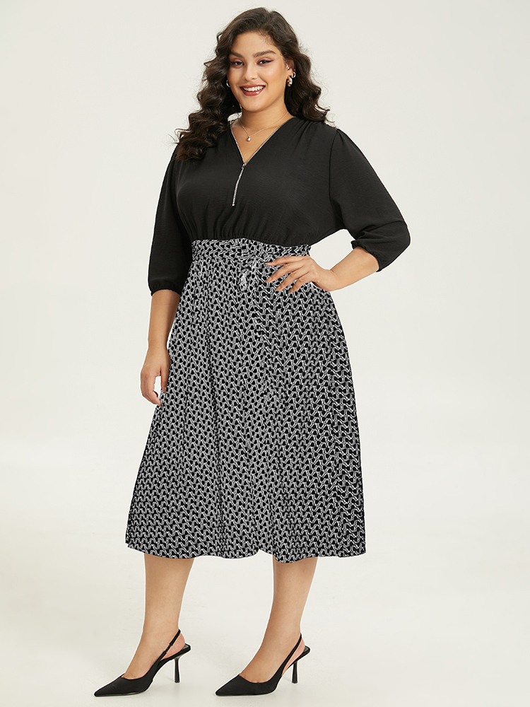 

Plus Size Geometric Graphic Zipper Patchwork Belted Dress Black Women Office Elastic cuffs V-neck Elbow-length sleeve Curvy Midi Dress BloomChic