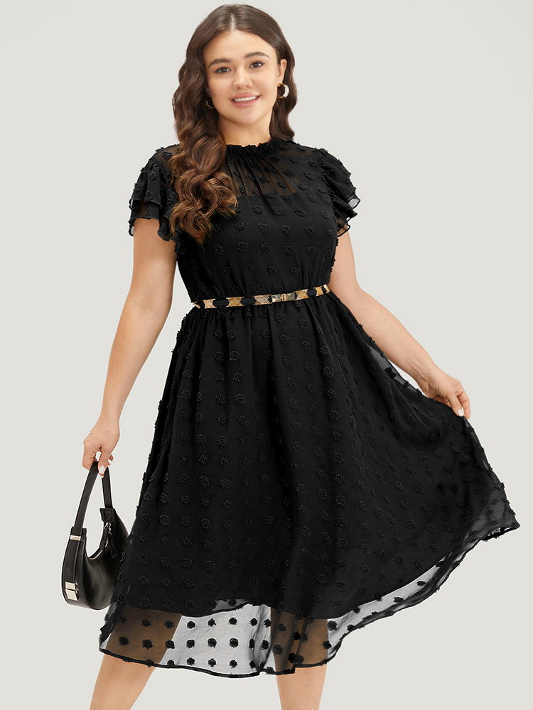 

Plus Size Solid Polka Dot Mesh Frill Trim Flutter Dress Black Women Office Texture Mock Neck Sleeveless Curvy Midi Dress BloomChic