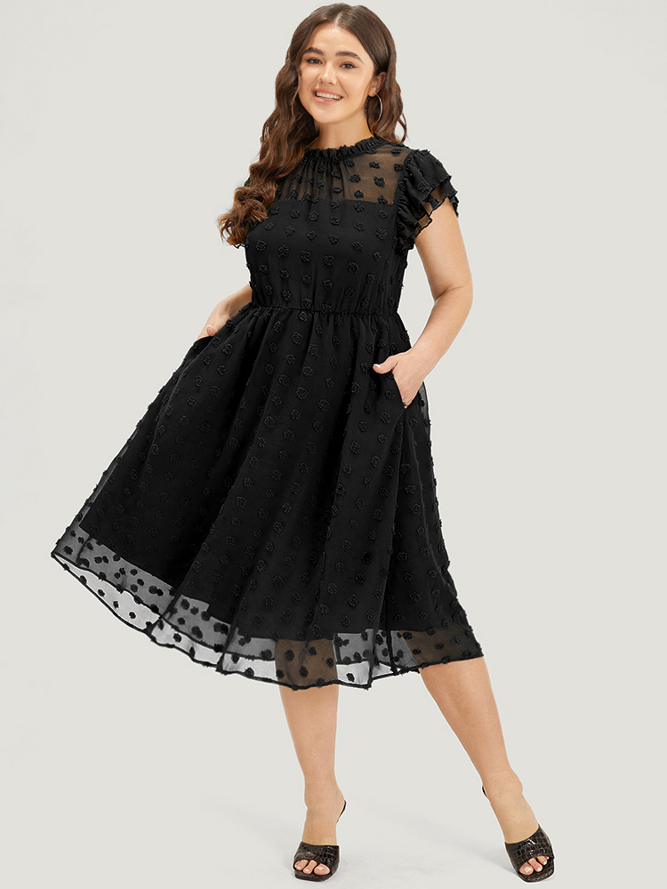 

Plus Size Solid Polka Dot Mesh Frill Trim Flutter Dress Black Women Office Texture Mock Neck Sleeveless Curvy Midi Dress BloomChic