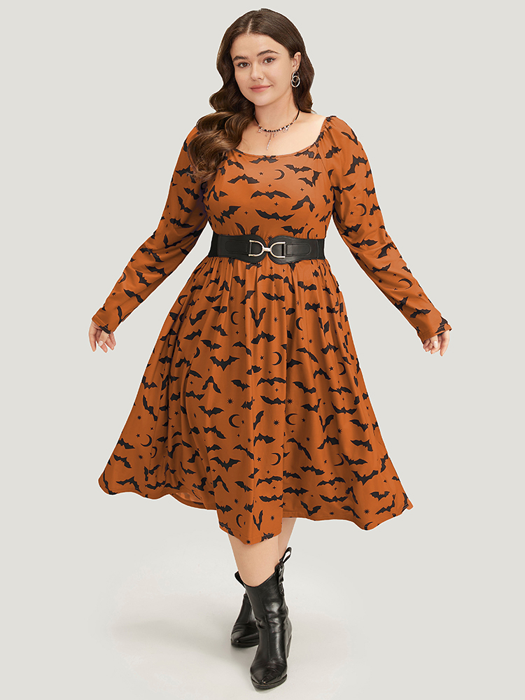 

Plus Size Halloween Bat Print Pocket Square Neck Dress Rust Women Casual Gathered Square Neck Long Sleeve Curvy Midi Dress BloomChic