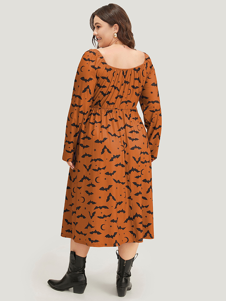 

Plus Size Halloween Bat Print Pocket Square Neck Dress Rust Women Casual Gathered Square Neck Long Sleeve Curvy Midi Dress BloomChic