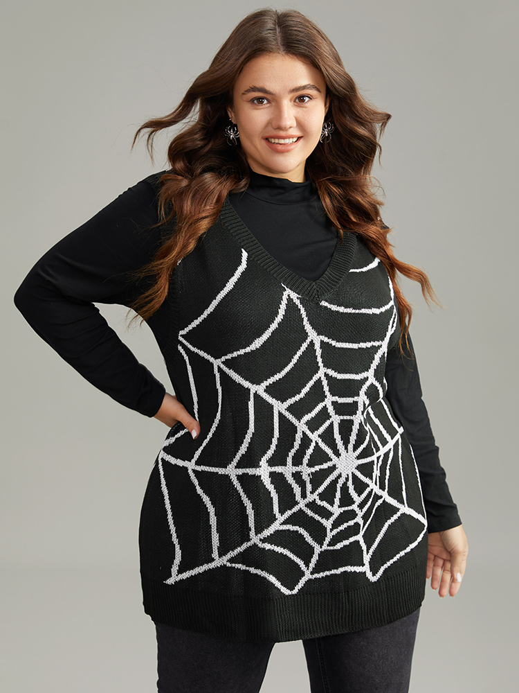 BloomChic Halloween Supersoft Essentials Spider Web V Neck Sweater Vest Women's Plus Size Women Black Graphic-Halloween 14-16/1X-image-45061688656042
