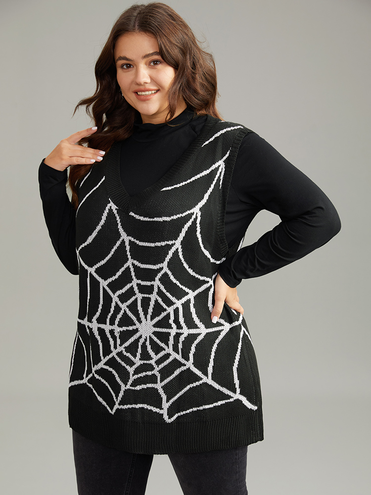 

Halloween Supersoft Essentials Spider Web V Neck Sweater Vest Plus Size Women Black Graphic-Halloween V-neck Casual Sweater Vests  Bloomchic