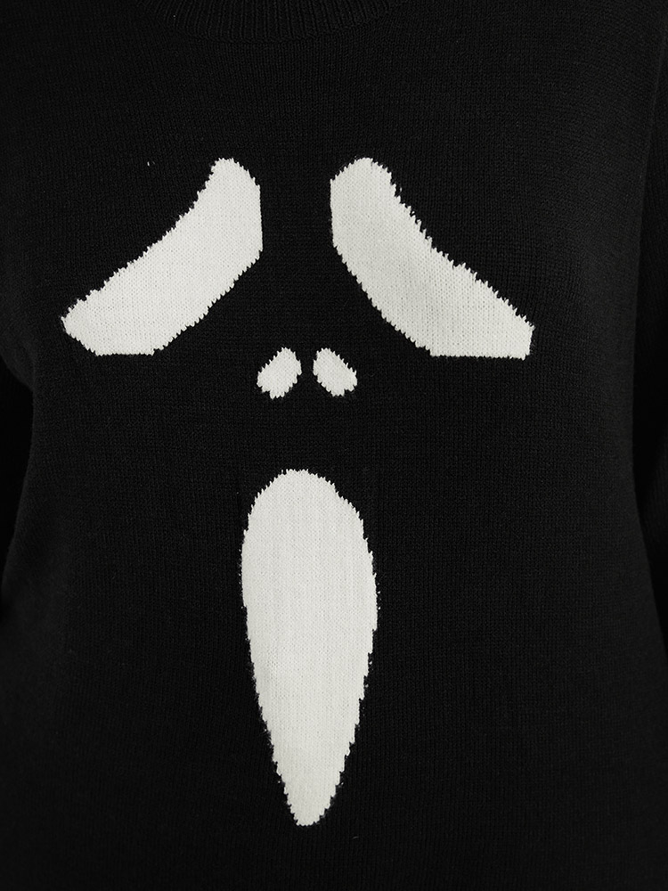 

Plus Size Supersoft Essentials Halloween Ghost Face Print Pullover Black Women Casual Loose Long Sleeve Round Neck Festival-Halloween Pullovers BloomChic