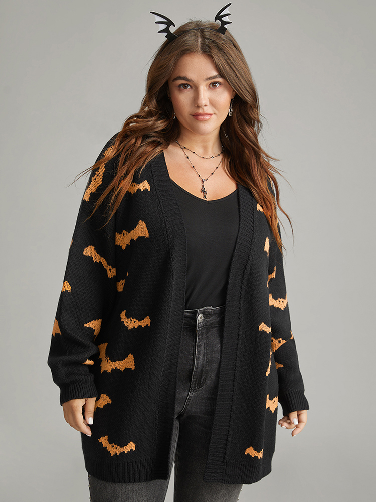 

Plus Size Halloween Bat Graphic Open Front Cardigan Black Women Casual Loose Long Sleeve Festival-Halloween Cardigans BloomChic