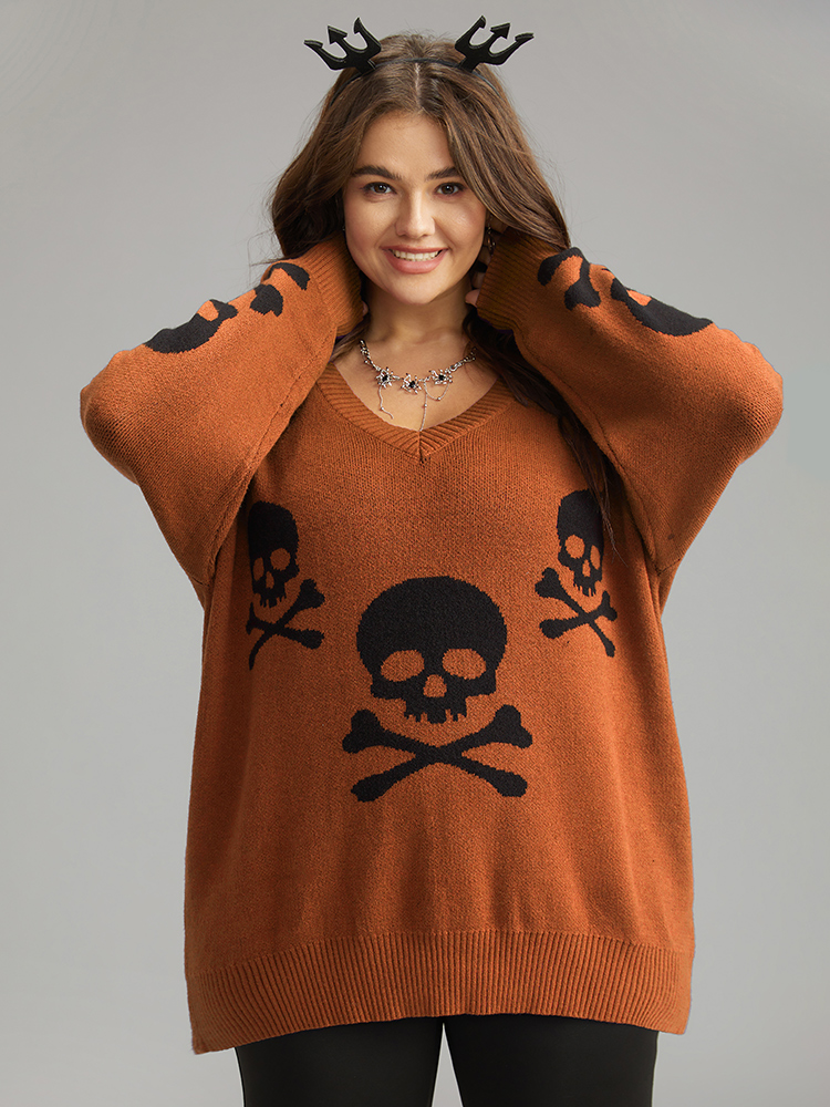 

Plus Size Supersoft Essentials Halloween Skull Print V Neck Pullover Rust Women Casual Long Sleeve V-neck Festival-Halloween Pullovers BloomChic