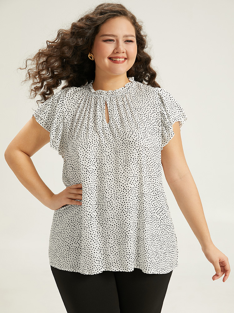 

Plus Size White Polka Dot Keyhole Flutter Trim Layered Blouse Women Office Cap Sleeve Halter neck Work Blouses BloomChic