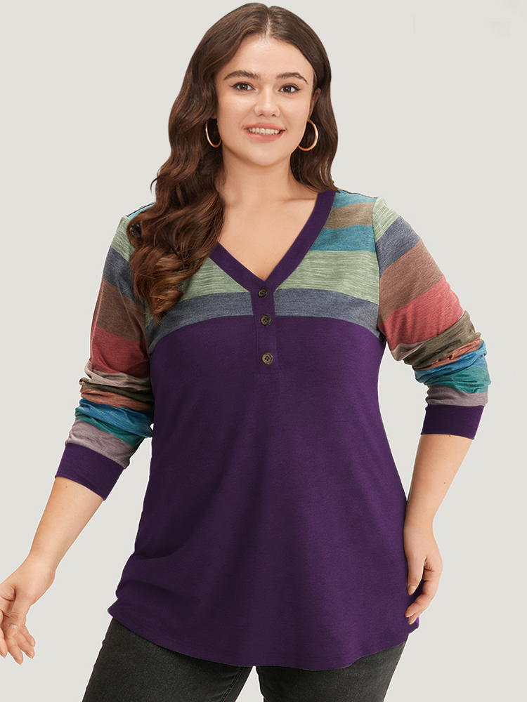 

Plus Size Colorblock Contrast V Neck Button Up T-shirt Eggplant Women Casual Elastic cuffs Striped V-neck Everyday T-shirts BloomChic