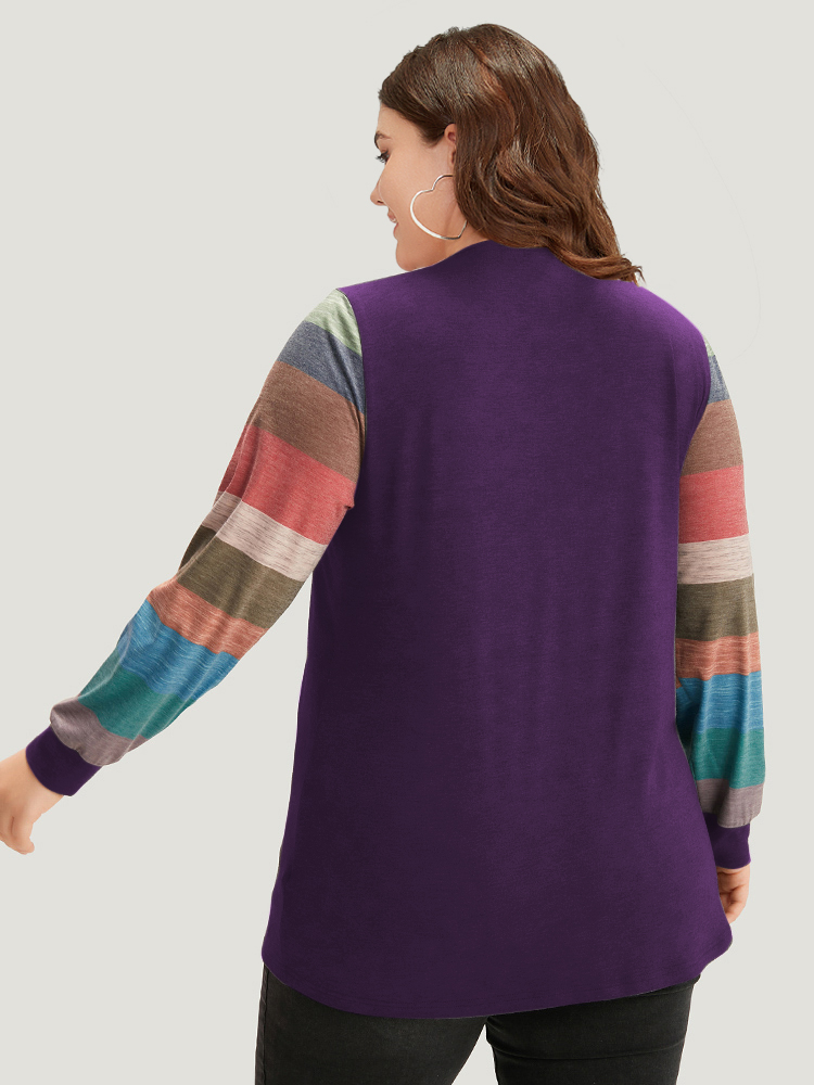 

Plus Size Colorblock Contrast V Neck Button Up T-shirt Eggplant Women Casual Elastic cuffs Striped V-neck Everyday T-shirts BloomChic