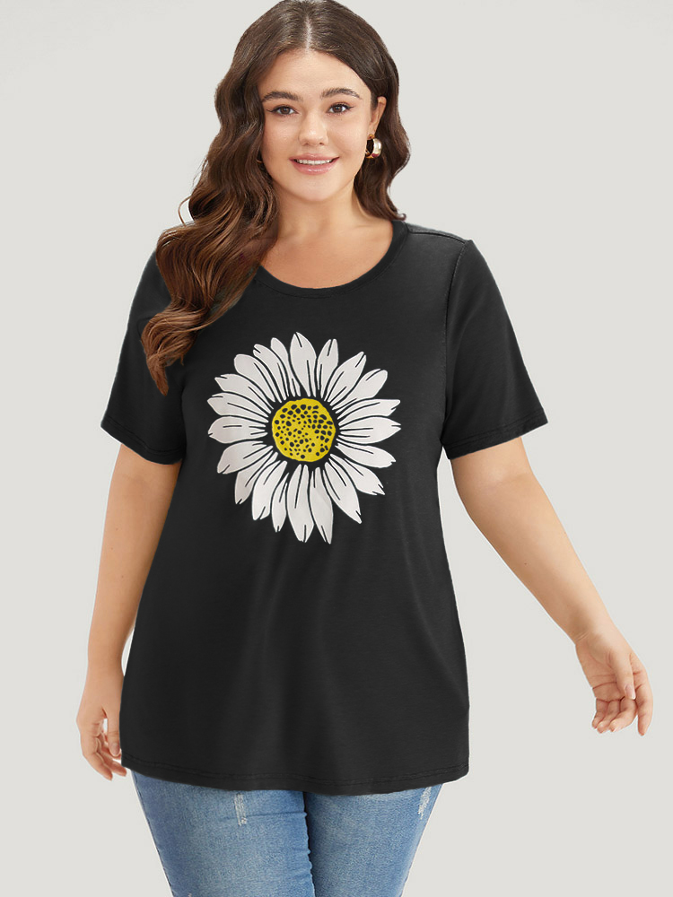 

Plus Size Floral Print Round Neck T-shirt Black Women Casual Printed Natural Flowers Dailywear T-shirts BloomChic