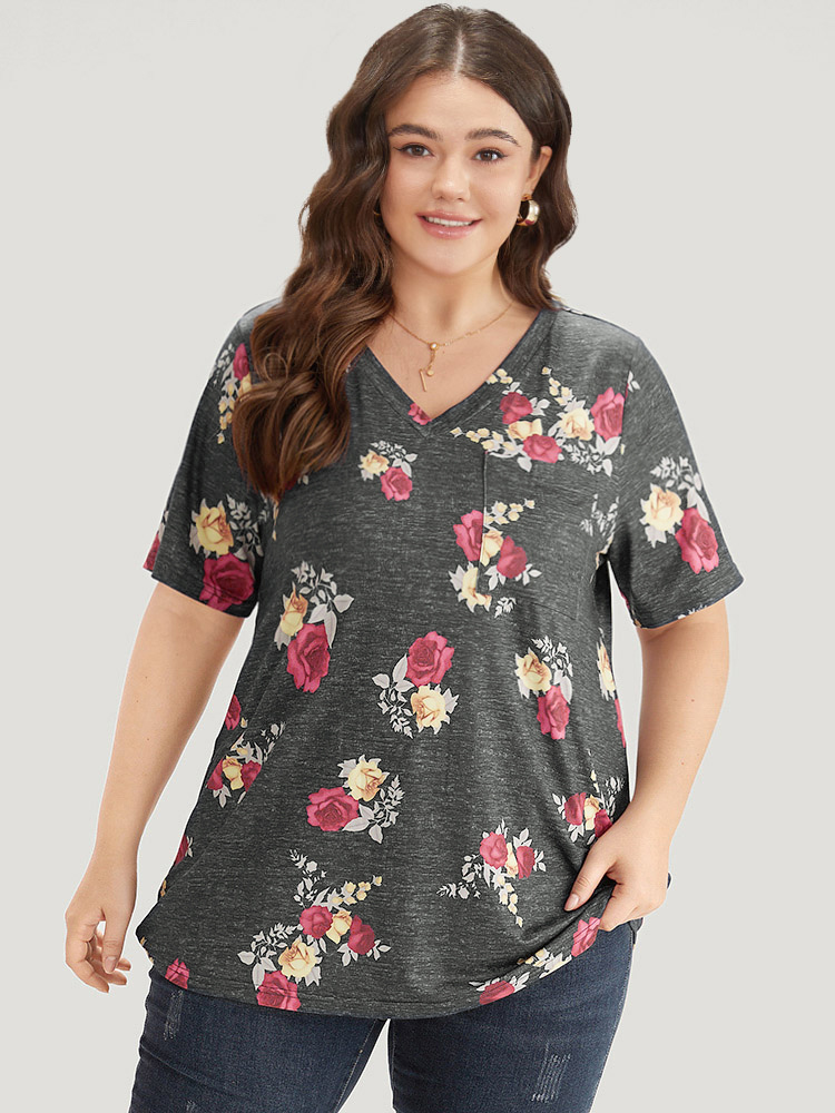 

Plus Size Floral Print Heather Patched Pocket T-shirt Gray Women Elegant Printed Floral V-neck Dailywear T-shirts BloomChic