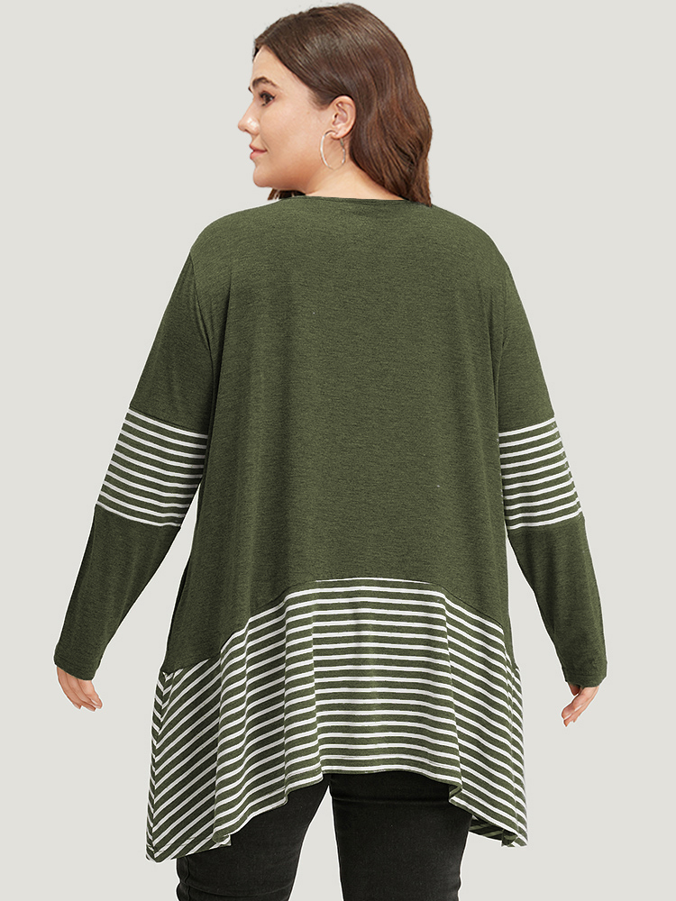 

Plus Size Striped Patchwork Pocket Crew Neck T-shirt ArmyGreen Round Neck Long Sleeve Casual Jersey Tops