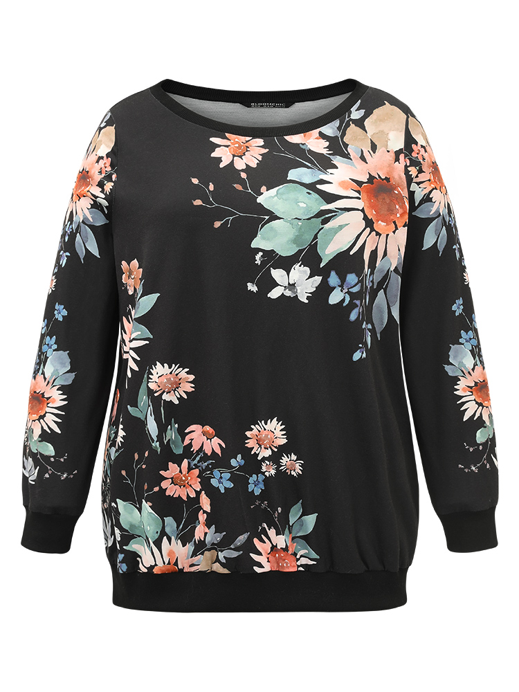 Plus Size Floral Print Round Neck Sweatshirt Women Black Casual Elastic cuffs Round Neck Dailywear Sweatshirts BloomChic 30/6X 
