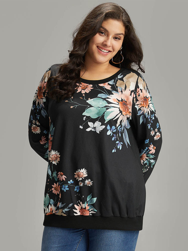Plus Size Floral Print Round Neck Sweatshirt Women Black Casual Elastic cuffs Round Neck Dailywear Sweatshirts BloomChic 30/6X 