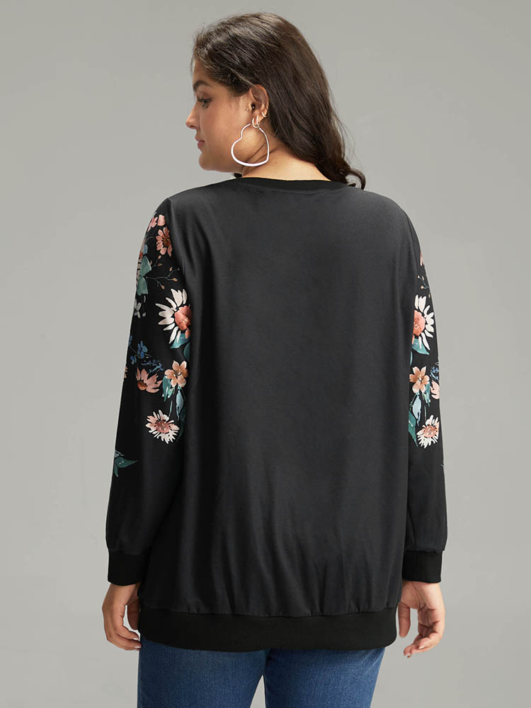 Plus Size Floral Print Round Neck Sweatshirt Women Black Casual Elastic cuffs Round Neck Dailywear Sweatshirts BloomChic 30/6X 