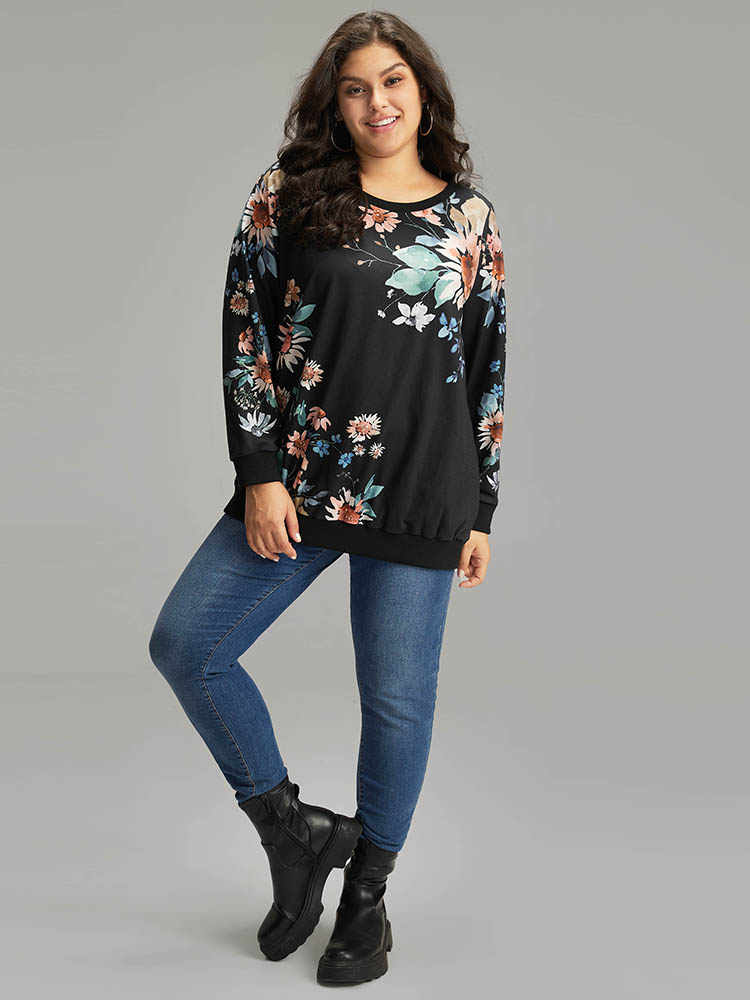 Plus Size Floral Print Round Neck Sweatshirt Women Black Casual Elastic cuffs Round Neck Dailywear Sweatshirts BloomChic 30/6X 